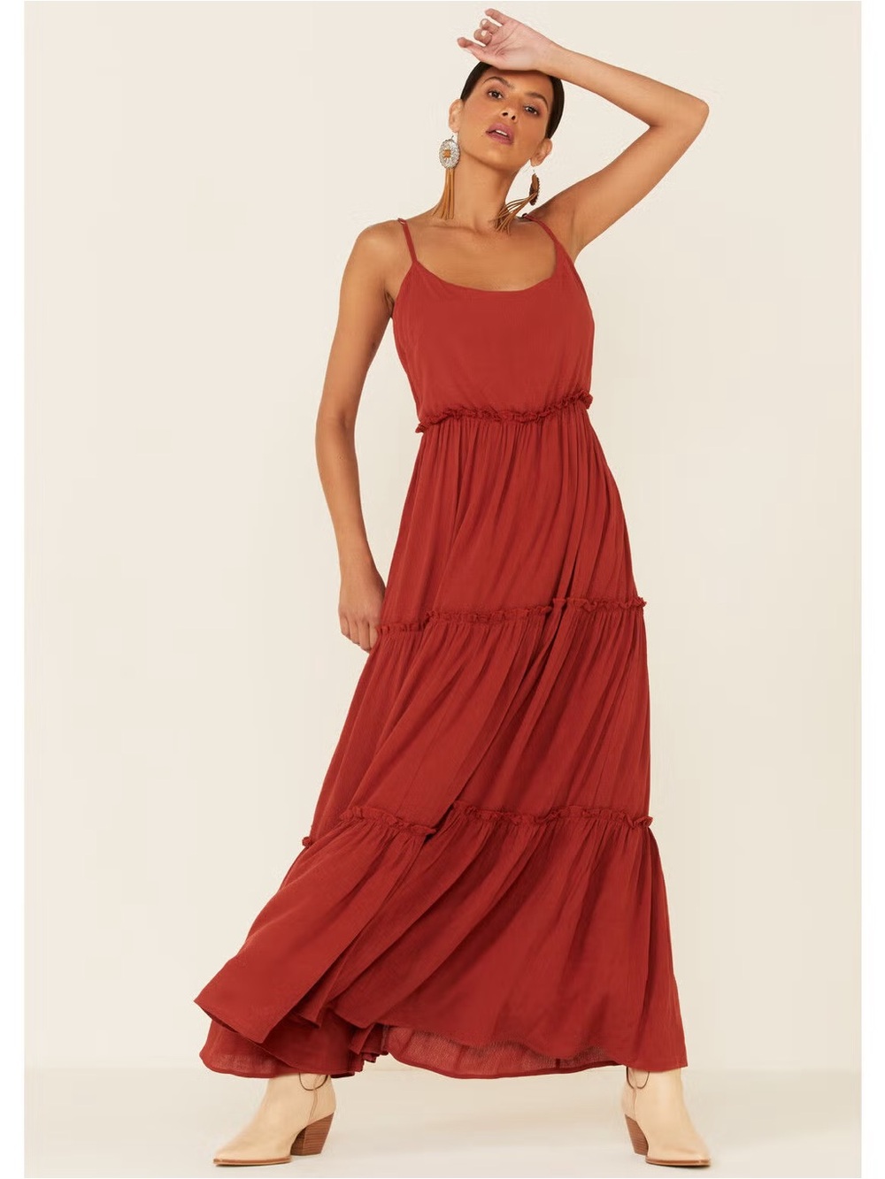 Spaghetti-Strap Rust Tiered Maxi Dress